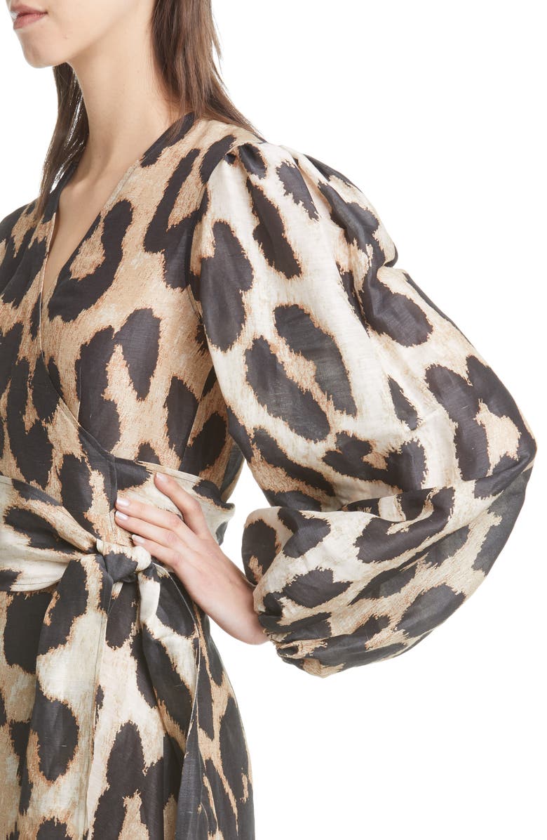 Ganni Leopard Print Long Sleeve Linen & Silk Wrap Dress, Alternate, color, 
