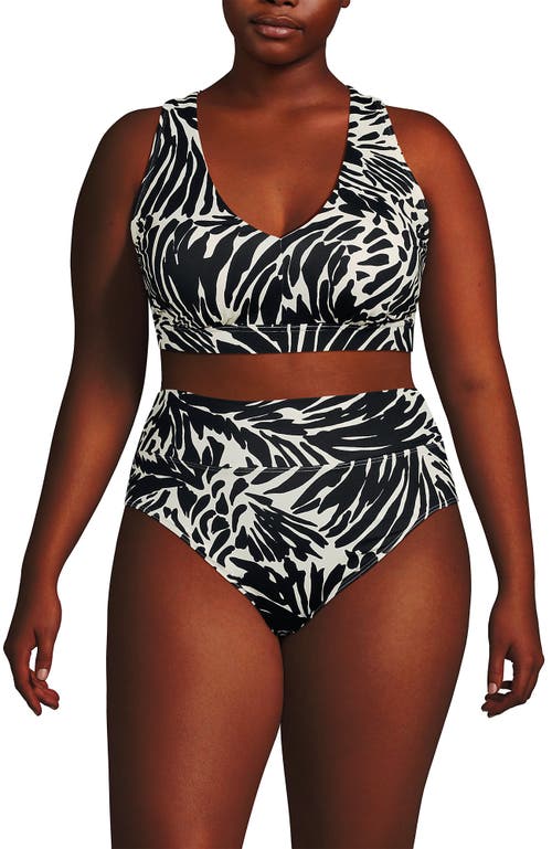 Lands' End Plus Size V-neck Tankini And High Waisted Bottom Swimsuit Set In Black/egret White Leaf Scroll