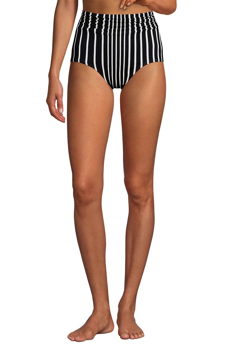 Lands' End Chlorine Resistant Ruched Natural High Waisted Full Coverage Bikini Swim Bottoms, Main, color, 