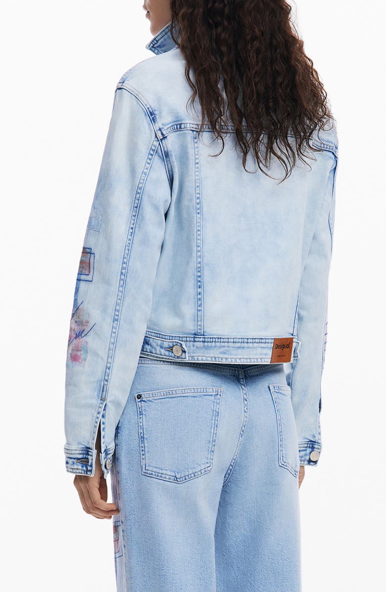 Desigual Patch Print Denim Trucker Jacket, Alternate, color, Medium Blue