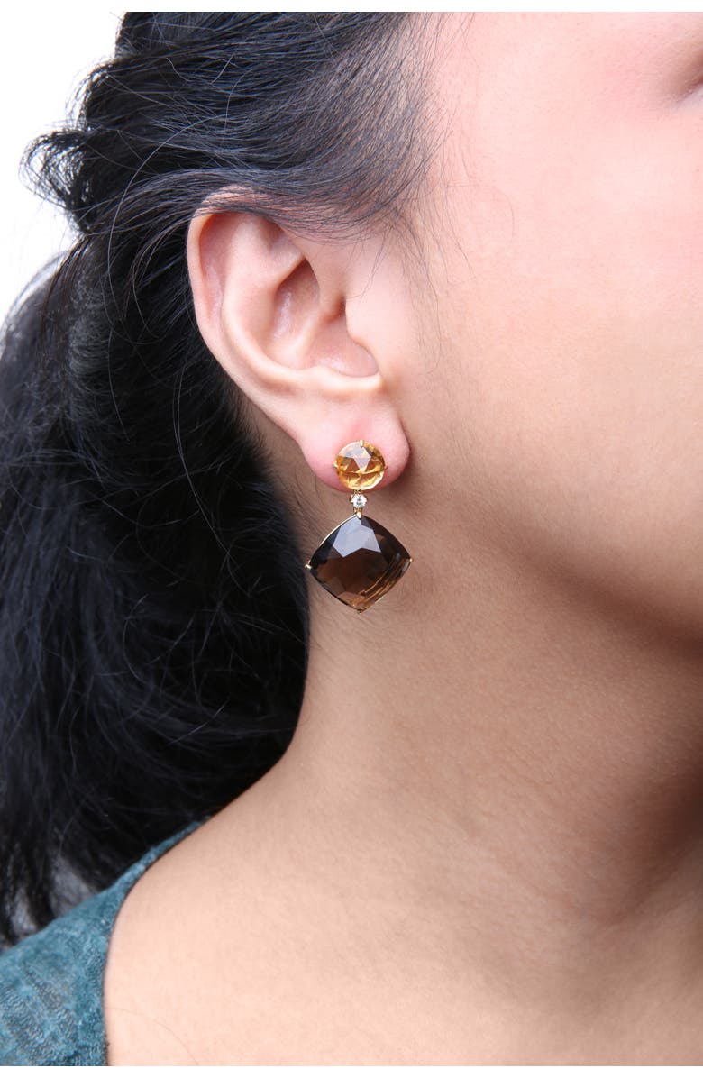 Haus of Brilliance 18K Gold 1/5 Ct Diamond with Yellow Citrine & Smoky Quartz Gemstone Dangle Earring, Alternate, color, Yellow