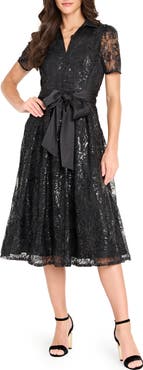 Tahari ASL Sequin Tie Waist Midi Dress