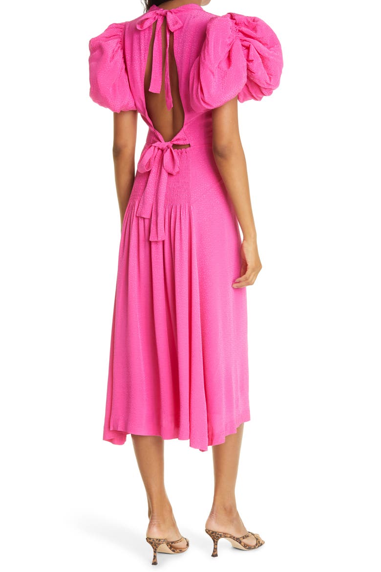 Dawn Puff Sleeve Open Back Jacquard Dress, Alternate, color, FUCHSIA PURPLE
