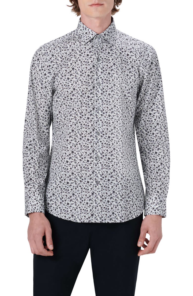 Bugatchi Shaped Fit Floral Print Stretch Cotton Button-Up Shirt, Main, color, 