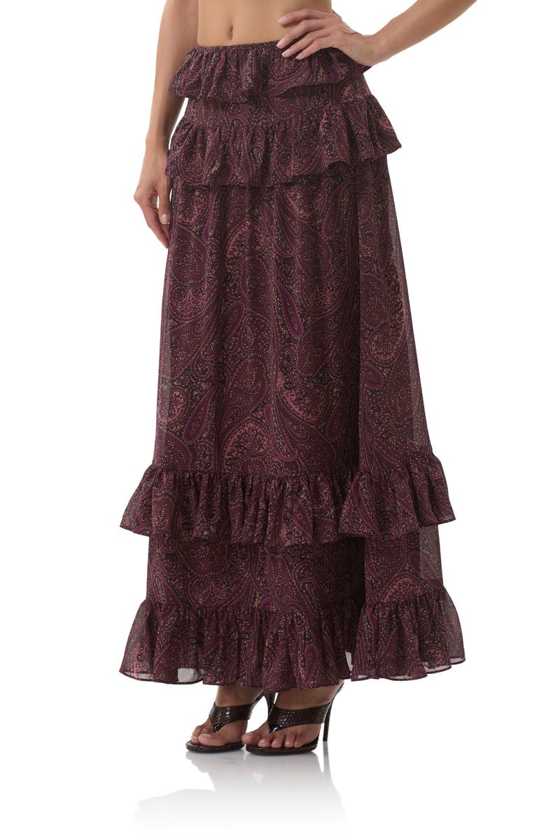 AFRM Pierre Tiered Maxi Skirt, Alternate, color, Chocolate Paisley