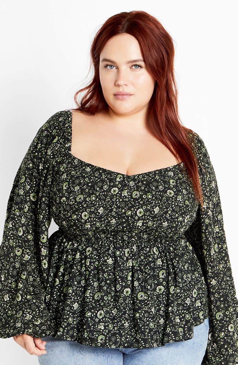 City Chic Monroe Smocked Top, Alternate, color, Olive Ditsy