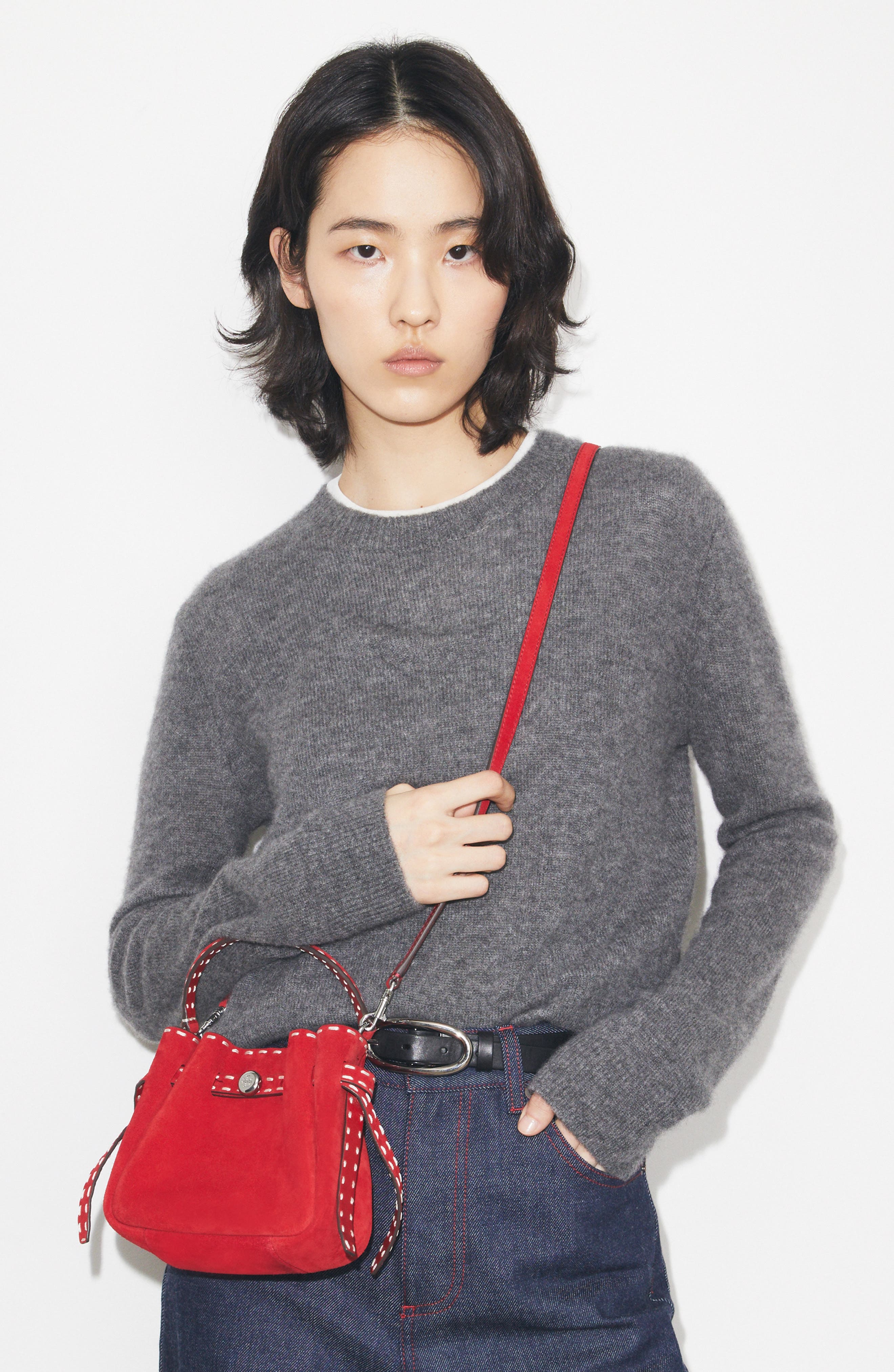 Mini Romy Suede Bucket Bag, Alternate, color, RED