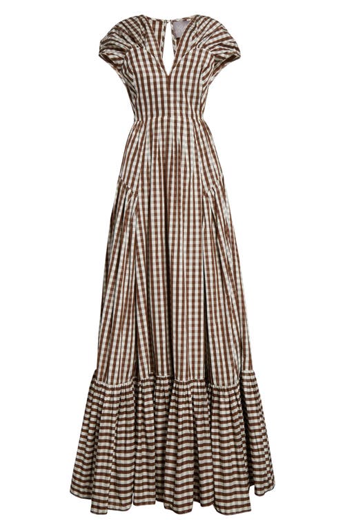 Lela Rose Gingham Check Gathered Shoulder Gown In Walnut