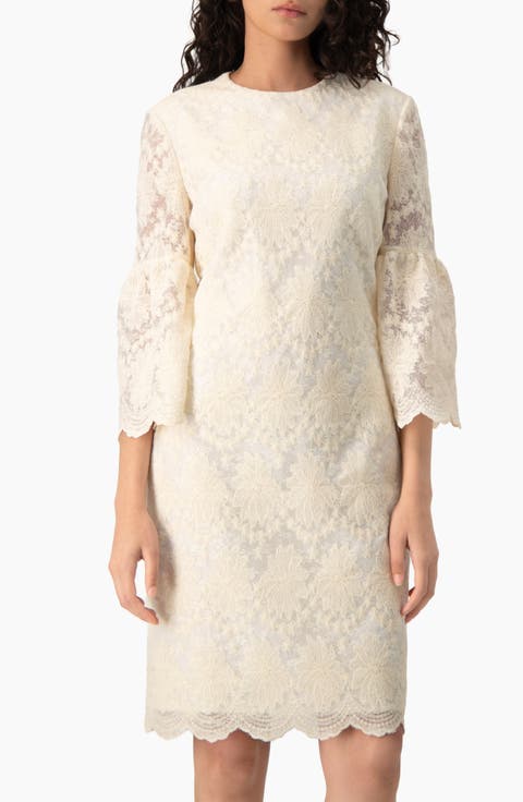 Floral Lace 3/4 Bell-Sleeve Crew-Neck Shift Mini Dress