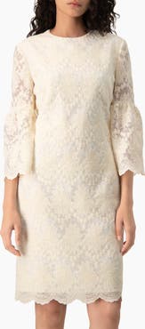 IVONNE Floral Lace 3/4 Bell-Sleeve Crew-Neck Shift Mini Dress