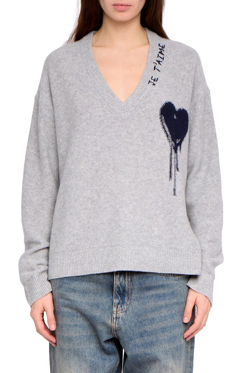 Zadig & Voltaire Mikyz Heart Appliqué Cashmere V-Neck Sweater, Main, color, Gris Chine Clai