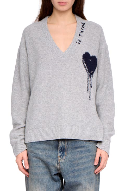 Mikyz Heart Appliqué Cashmere V-Neck Sweater