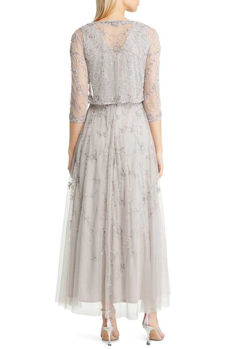 Beaded Mesh Gown with Jacket, Alternate, color, SILVER