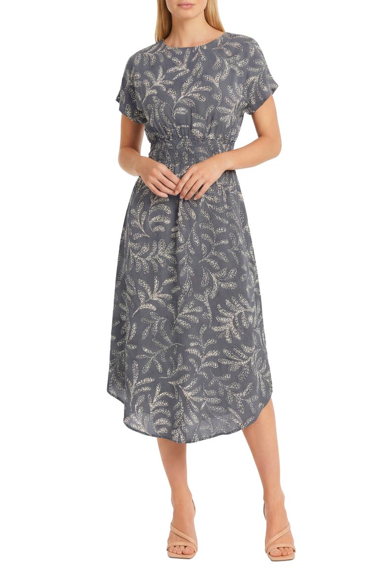 Leaf Print Smock Waist Midi Dress, Alternate, color, GREY/ IVORY