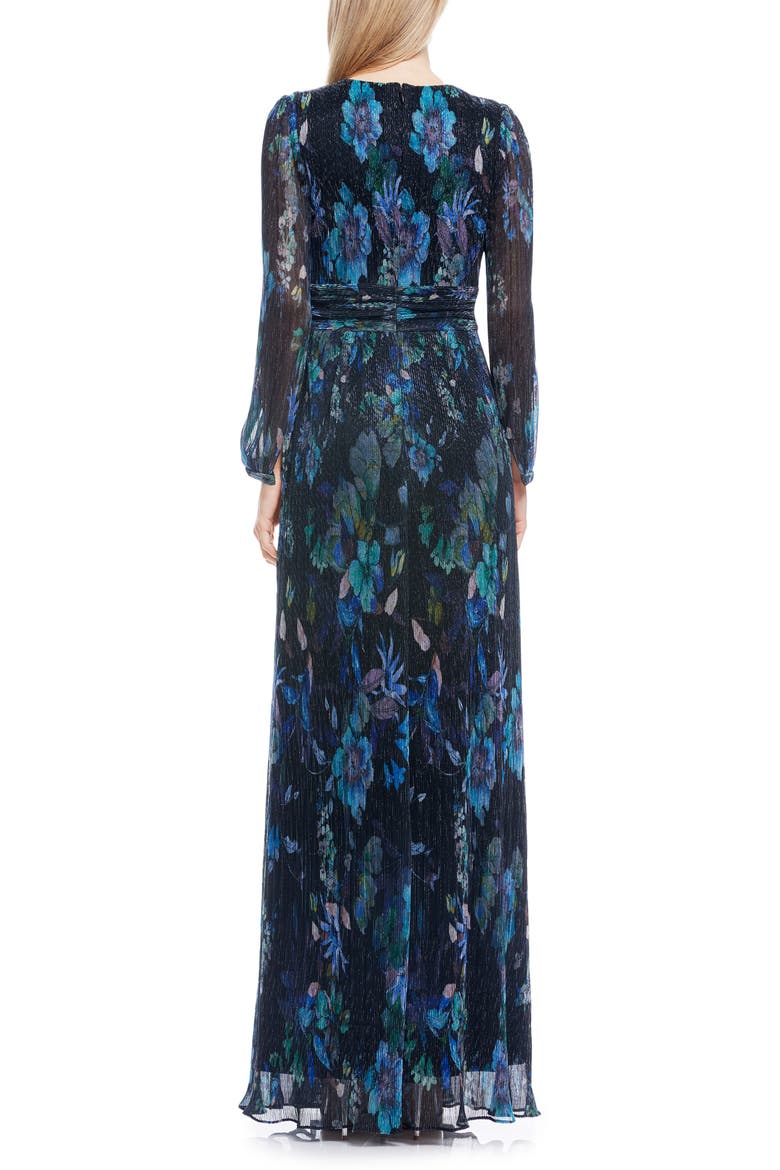 Pauline Metallic Floral Long Sleeve Gown, Alternate, color, TURQUOISE MULTI