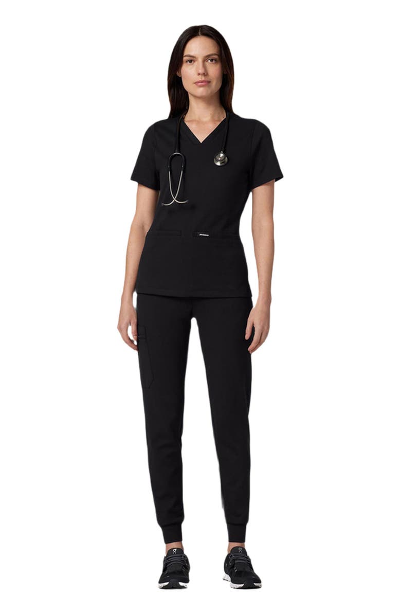 JAANUU Cesi Women's 2-Pocket Slim Knit V-Neck Scrub Top, Alternate, color, Black