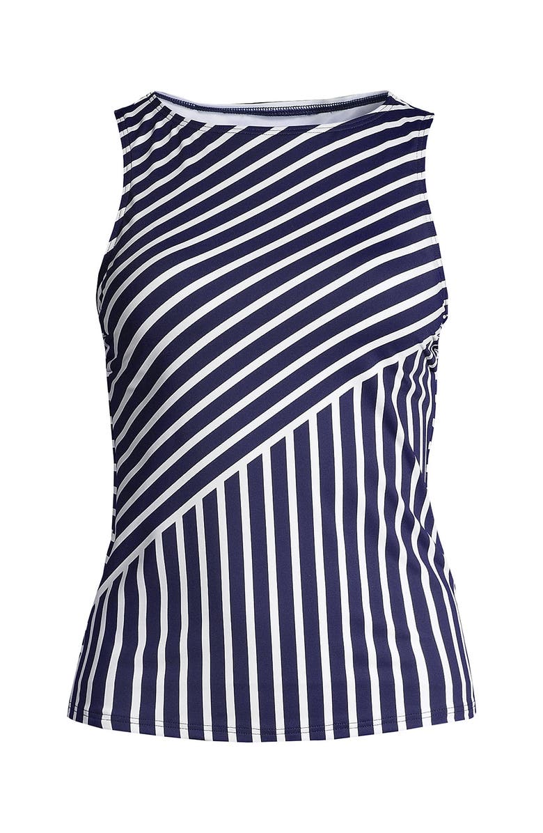 Lands' End High Neck UPF 50 Modest Tankini Top Swimsuit, Alternate, color, Deep Sea Mixed Diagonal Stripe