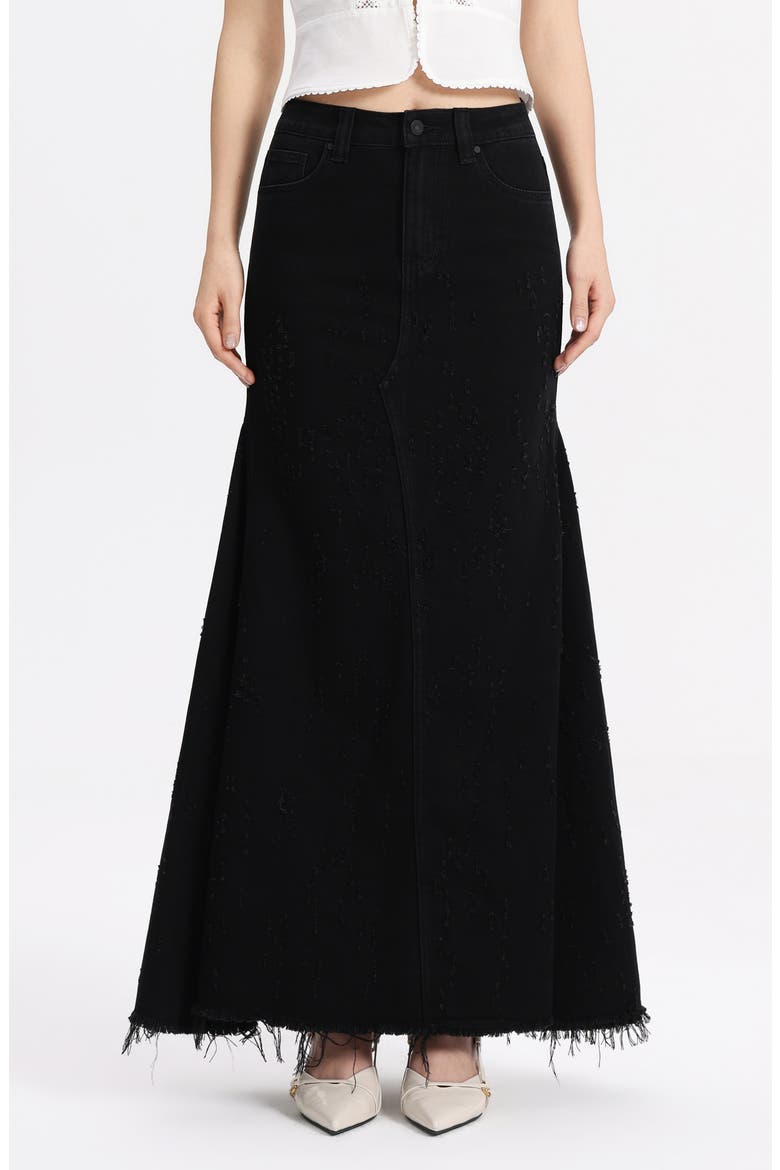 Fringe Denim Midi Skirt, Main, color, BLACK