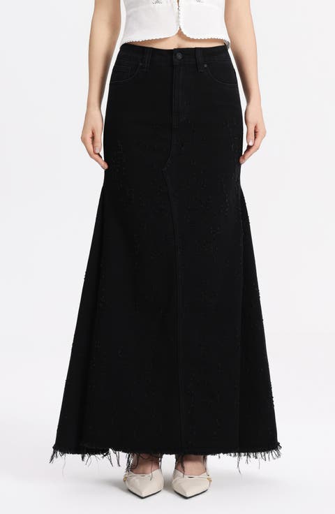 Fringe Denim Midi Skirt