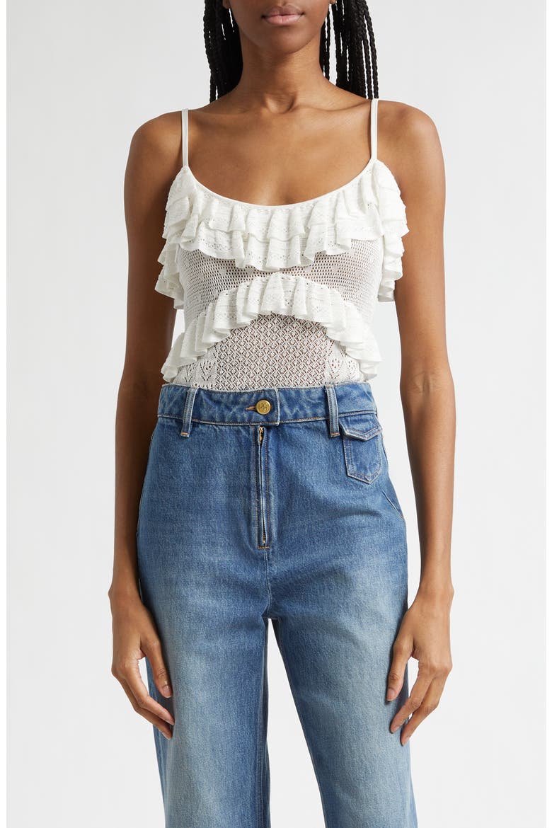 Bania Ruffle Trim Crochet Bodysuit, Main, color, PEARLED IVORY