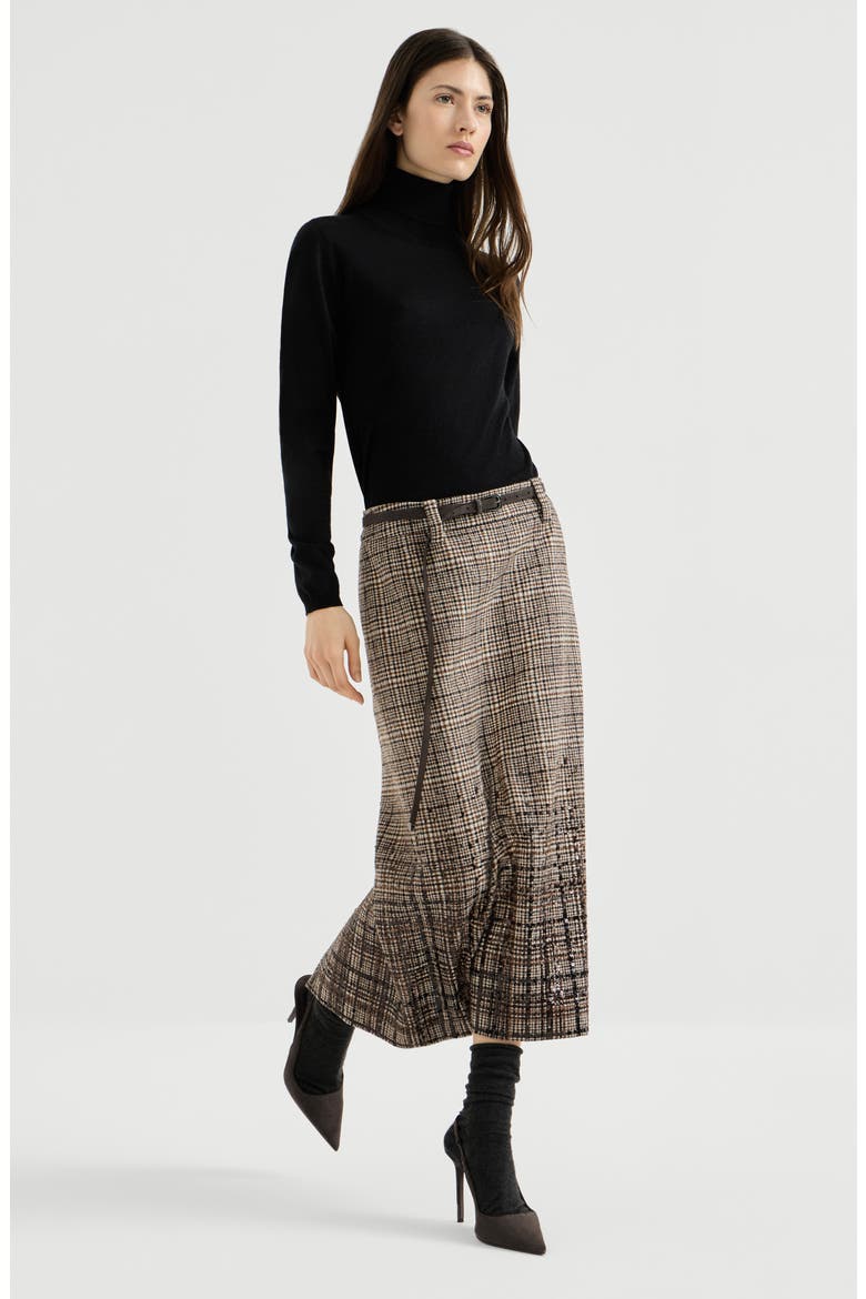 Checked alpaca and wool pencil skirt with dazzling degradé embroidery, Alternate, color, Brown