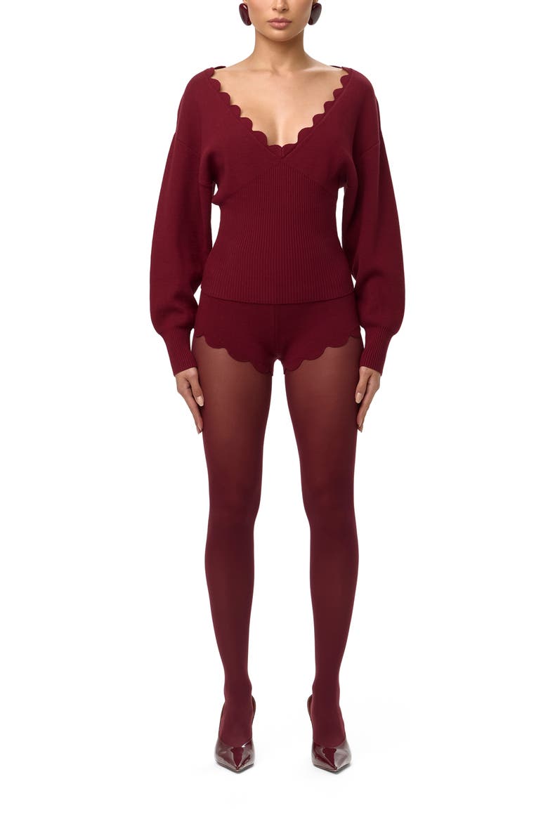 Scallop Trim V-Neck Sweater, Alternate, color, RED