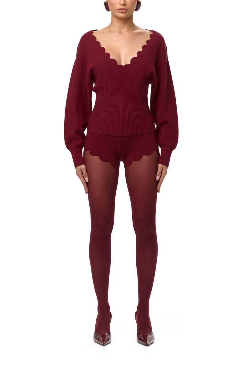 Naked Wardrobe Scallop Trim V-Neck Sweater, Alternate, color, Red