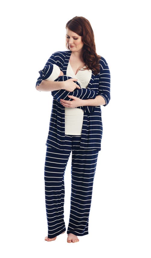 Everly Grey Analise During & After 5-piece Maternity/nursing Sleep Set For Mom & Baby In Blue