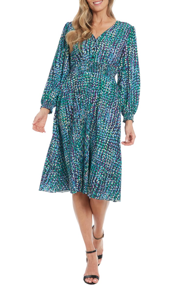 London Times Long Sleeve Smocked Midi Dress, Main, color,