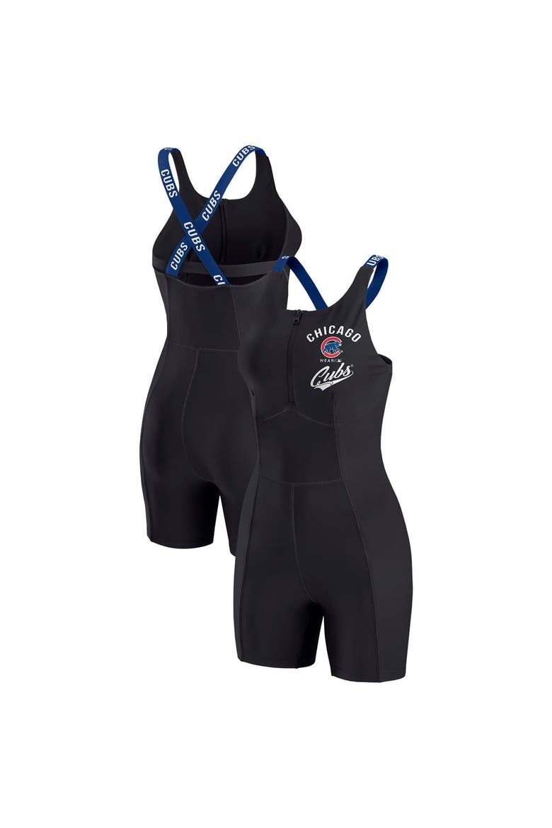 Women's WEAR by Erin Andrews  Black Chicago Cubs Bodycon Quarter-Zip Romper, Alternate, color, Black