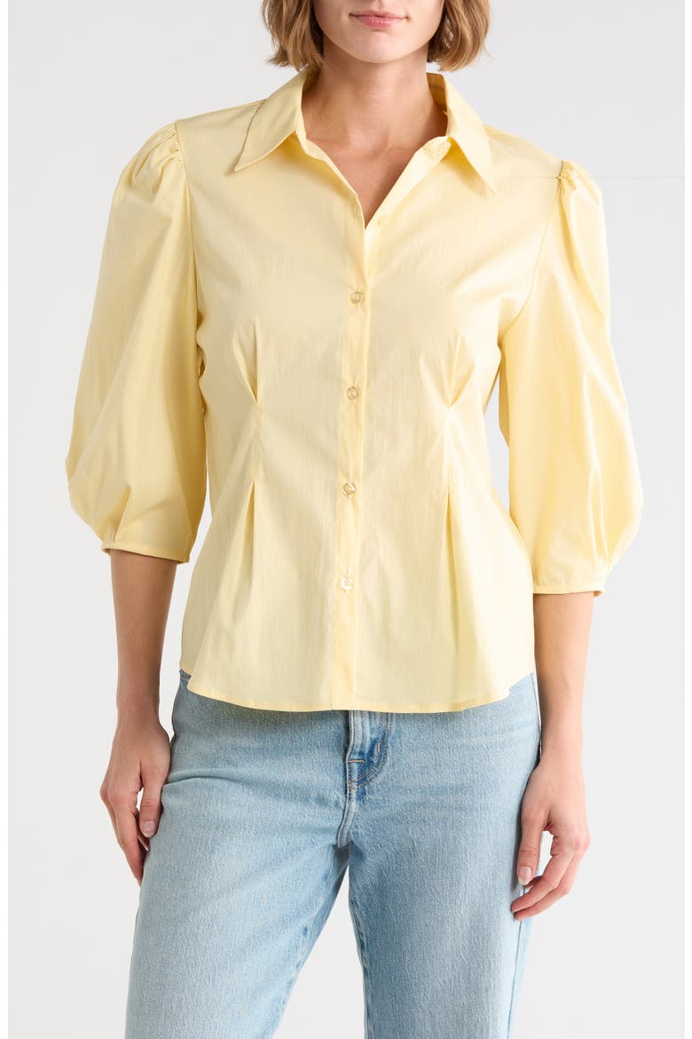 Three-Quarter Sleeve Pleated Waist Button-Up Shirt, Main, color, BUTTER VEIL