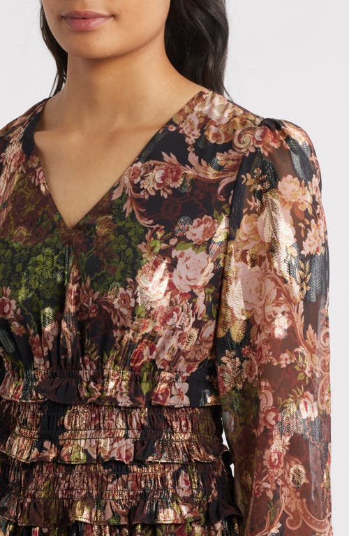 Eliza J Metallic Floral Long Sleeve Dress In Brown