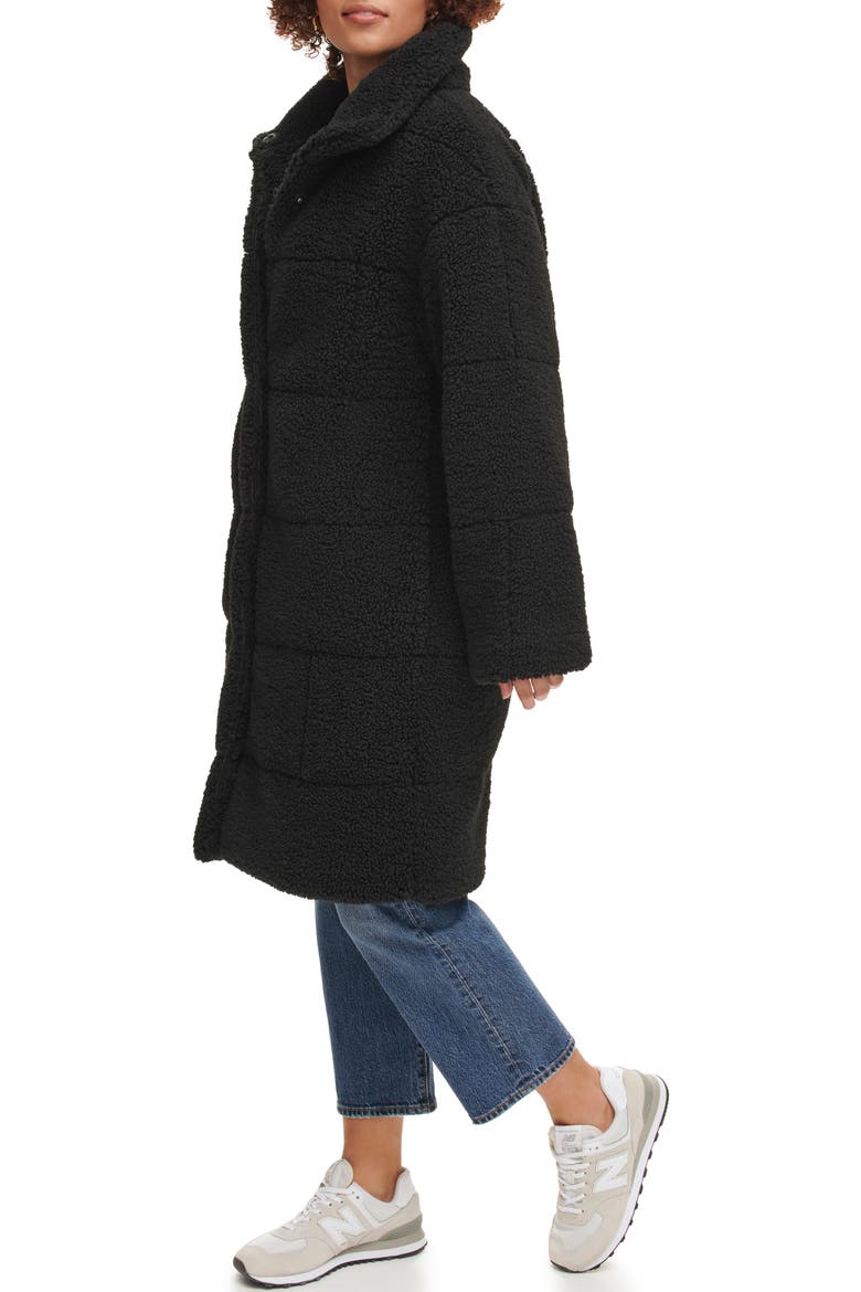 Quilted Fleece Long Teddy Coat, Alternate, color, BLACK