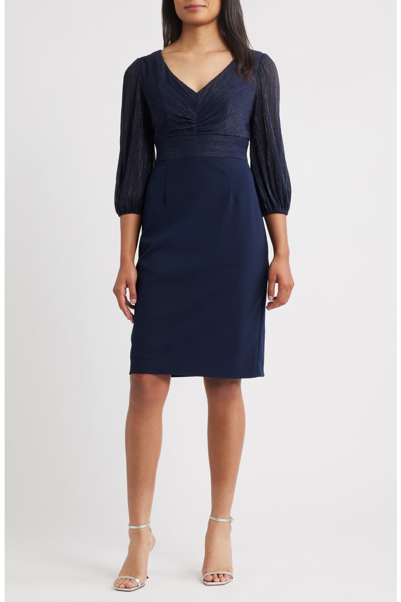 Pleated Metallic Mixed Media Cocktail Sheath Dress, Main, color, DARK NAVY
