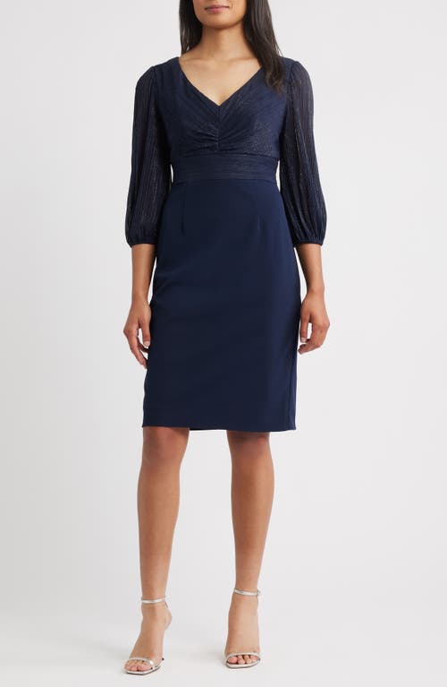 Alex Evenings Pleated Metallic Mixed Media Cocktail Sheath Dress In Blue