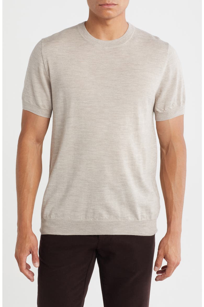 Short Sleeve Merino Wool & Silk Crewneck Sweater, Main, color, TAN OXFORD HEATHER