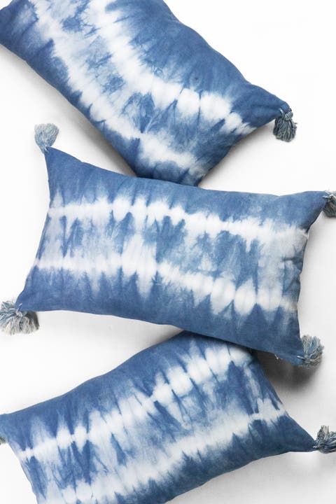 Striped Shibori Indigo Tassel Lumbar Pillow