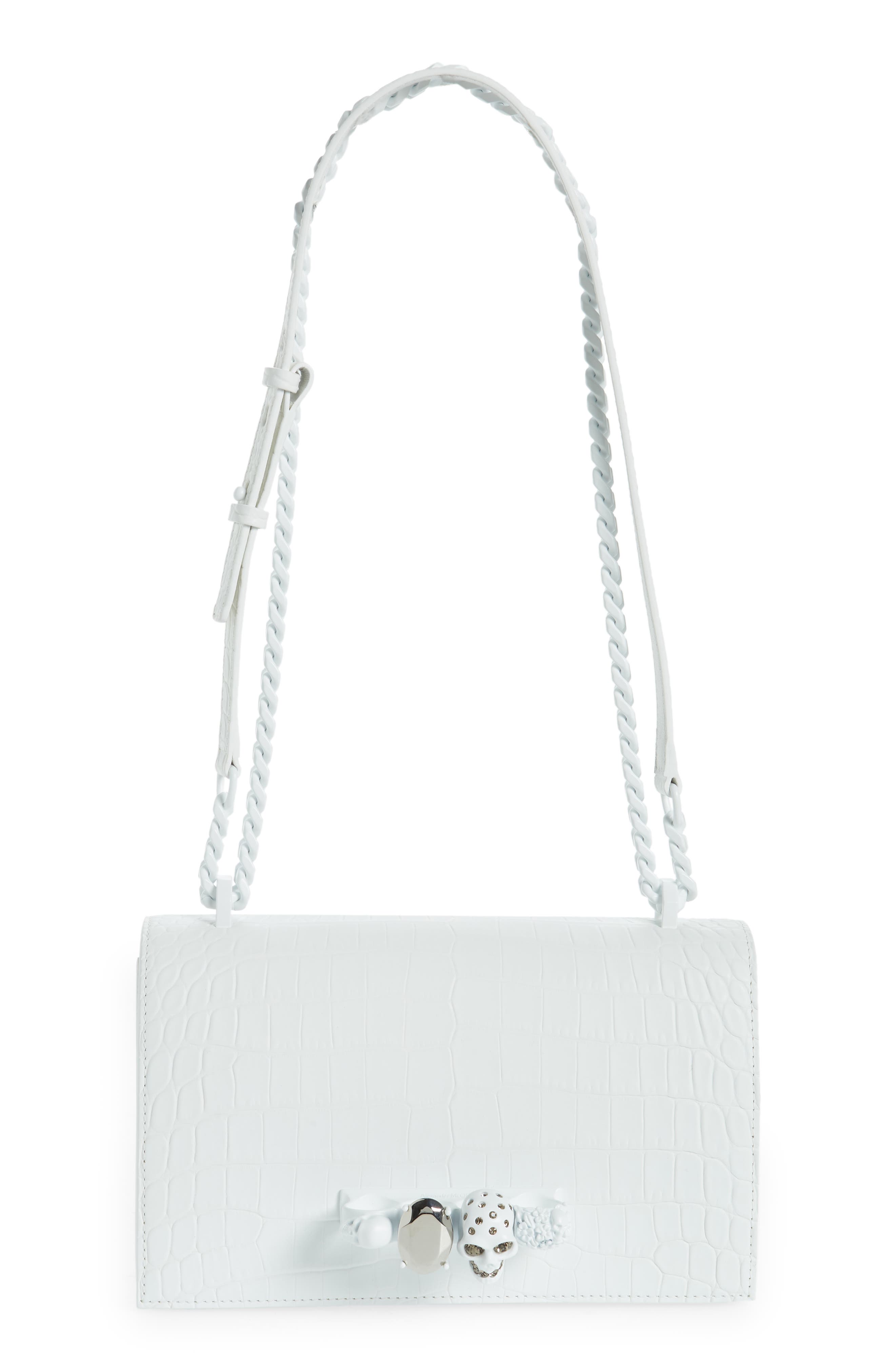 McQueen Croc Embossed Knuckle Ring Leather Shoulder Bag, Main, color, 