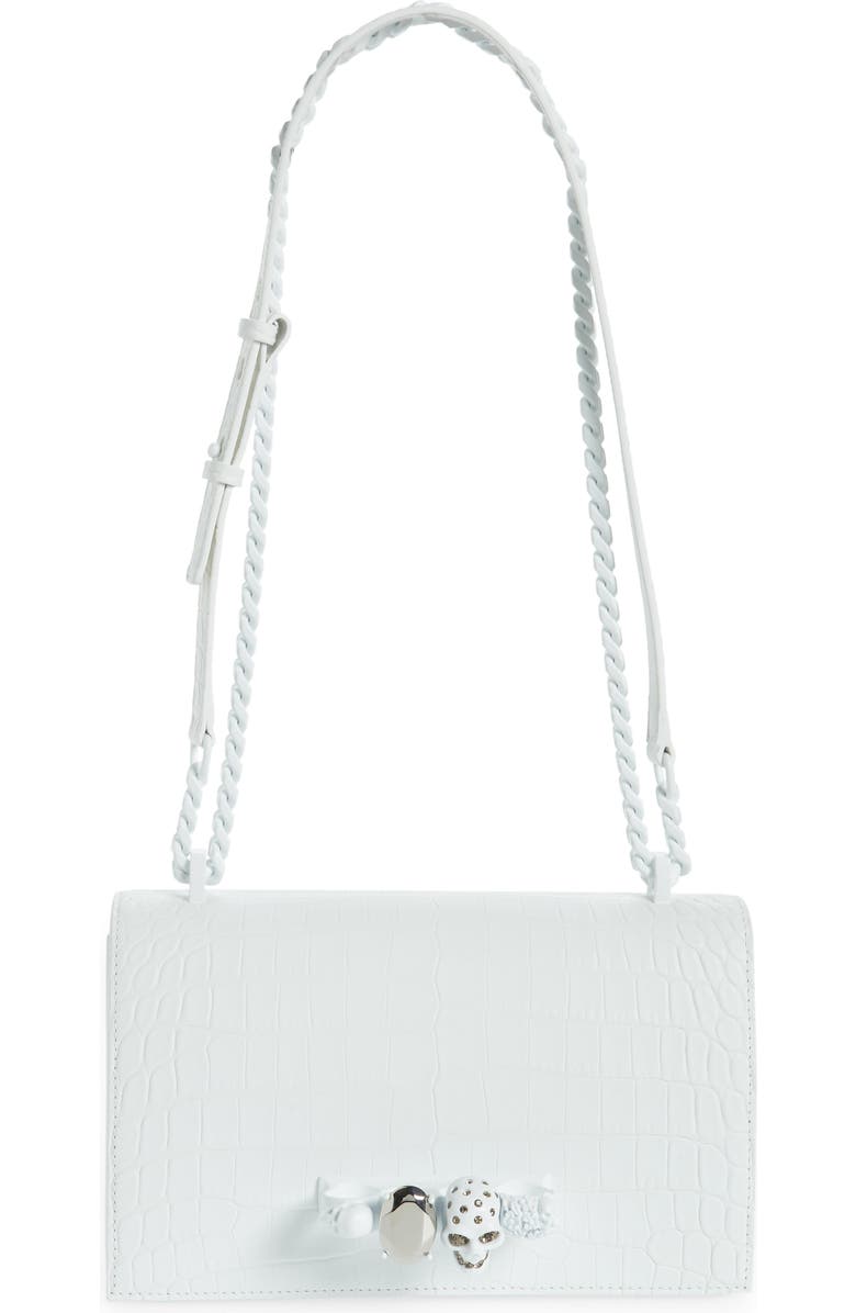 McQueen Croc Embossed Knuckle Ring Leather Shoulder Bag, Main, color,