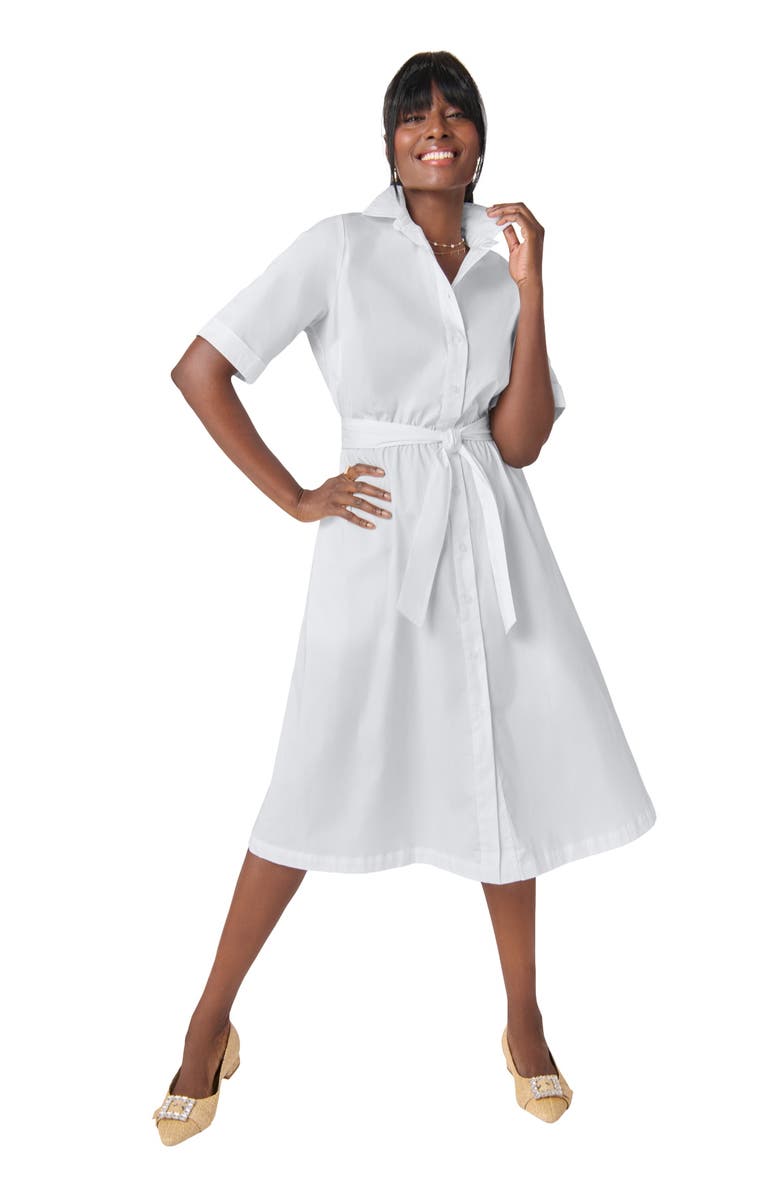 Jessica London Stretch Poplin Shirtdress, Main, color, White