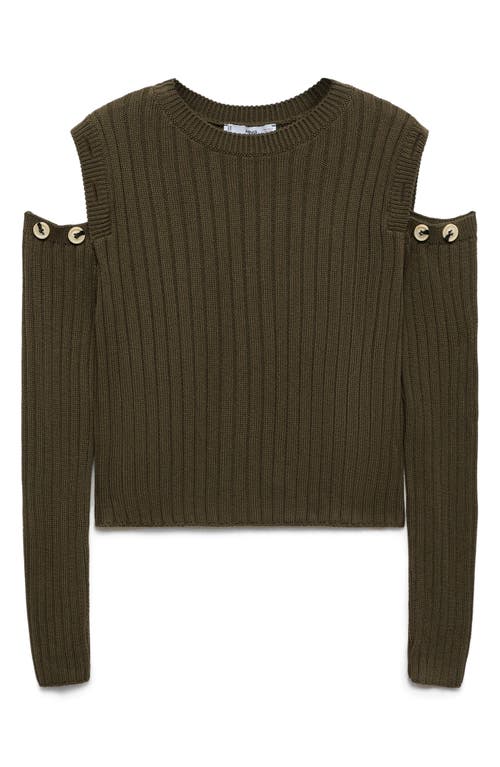Shop Mango Convertible Cold Shoulder Rib Sweater In Khaki Green