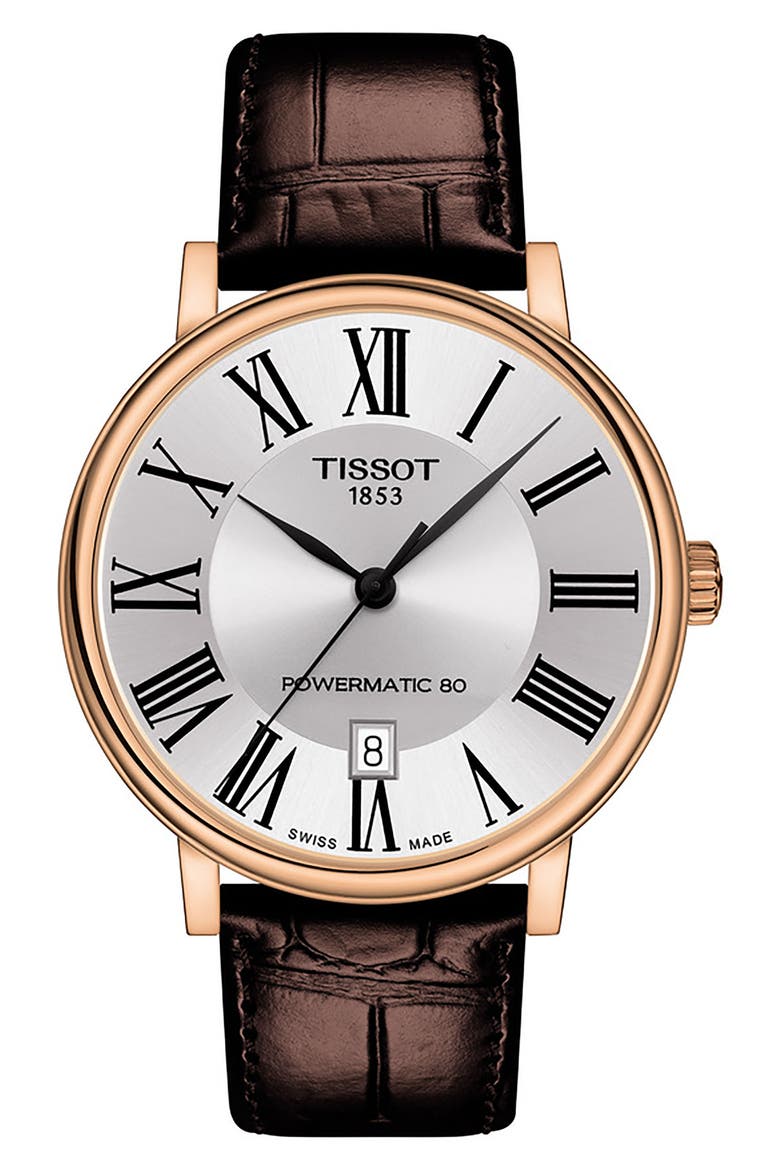 T-Classic Carson Powermatic 80 Leather Strap Watch, 40mm, Main, color, SS ROSE GOLD PVD
