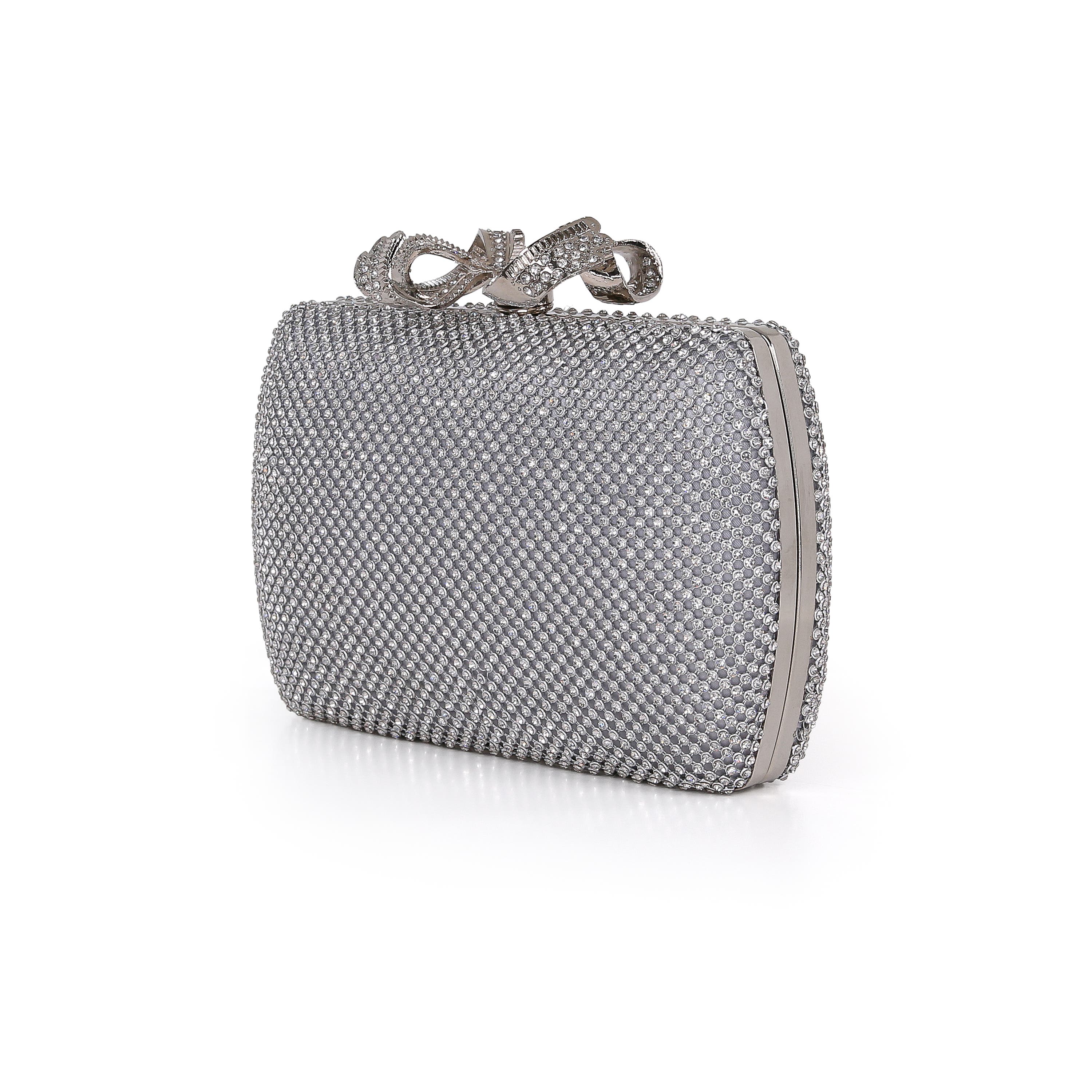 Cassia Crystal Minaudiere w. Bow Clasp, Alternate, color, Silver