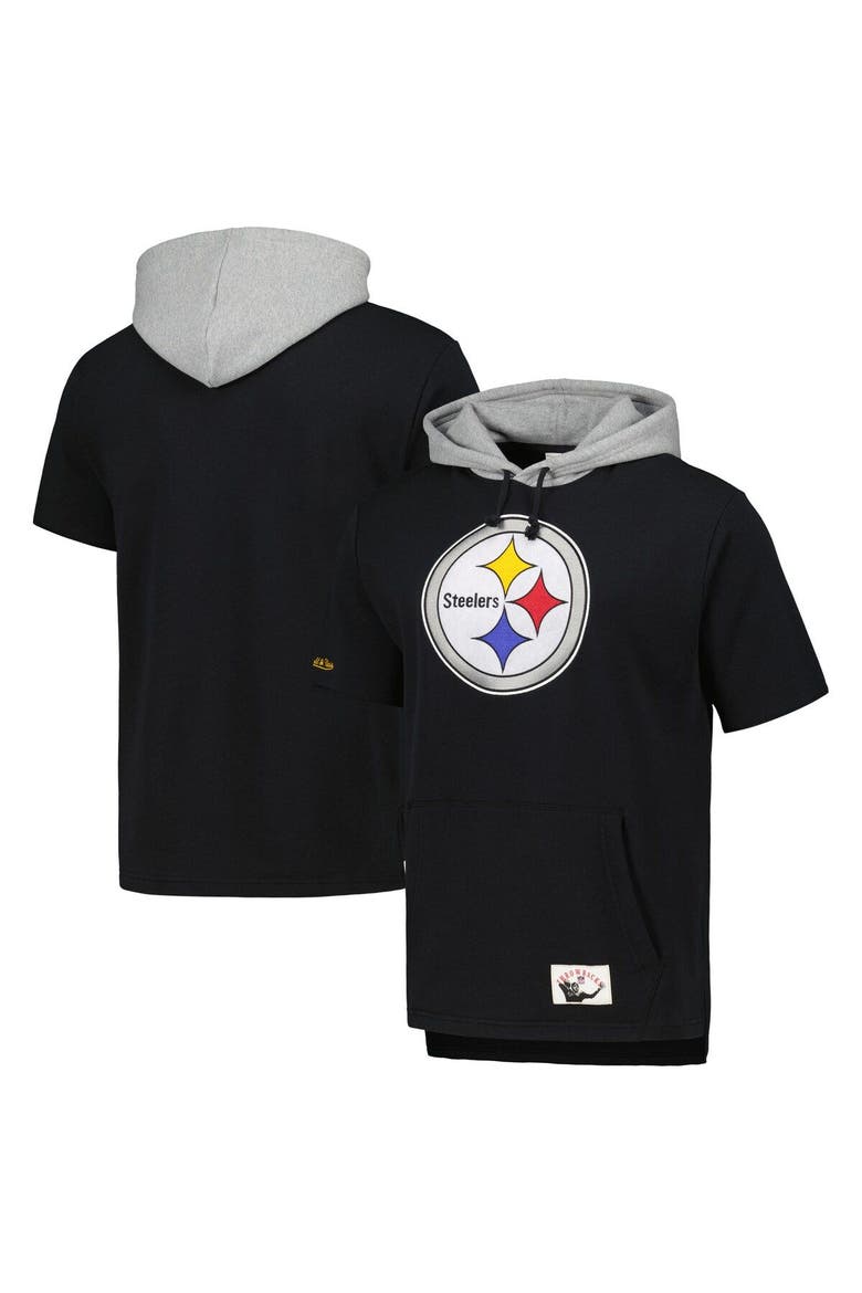 Men's Mitchell & Ness Black Pittsburgh Steelers Postgame Short Sleeve Hoodie, Main, color, Black