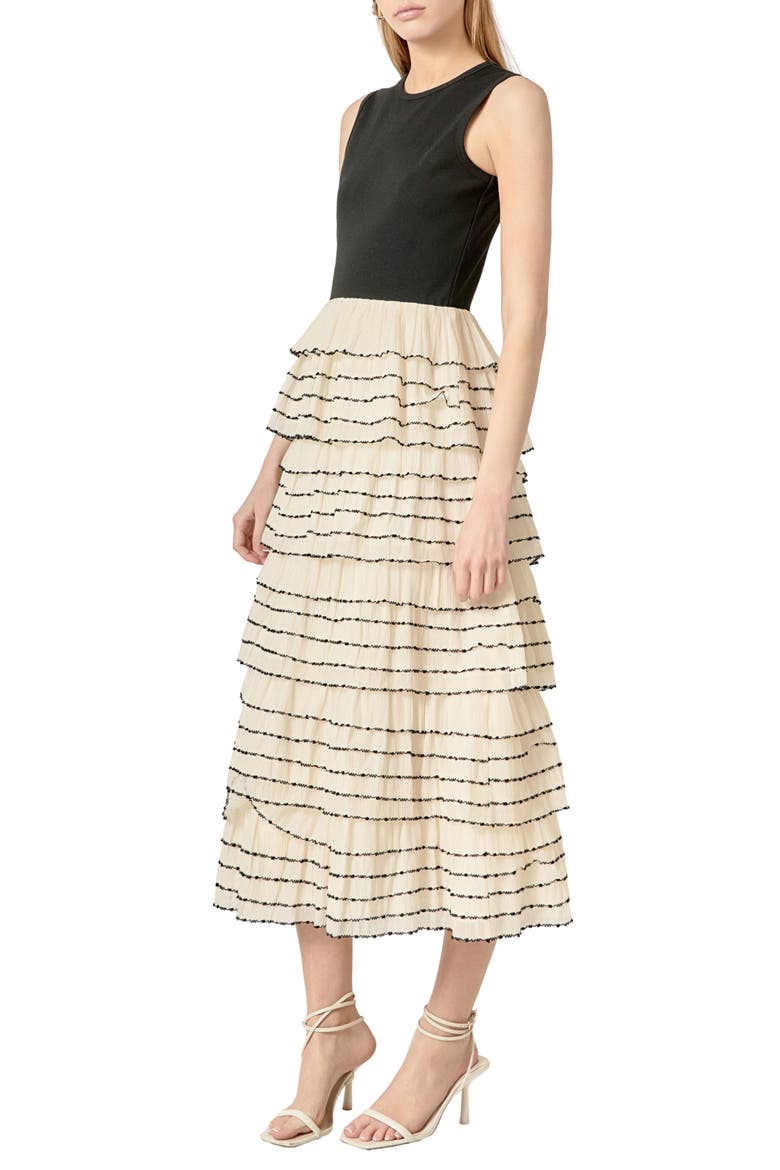 Mixed Media Tiered Ruffle Dress, Alternate, color, TAN/IVORY
