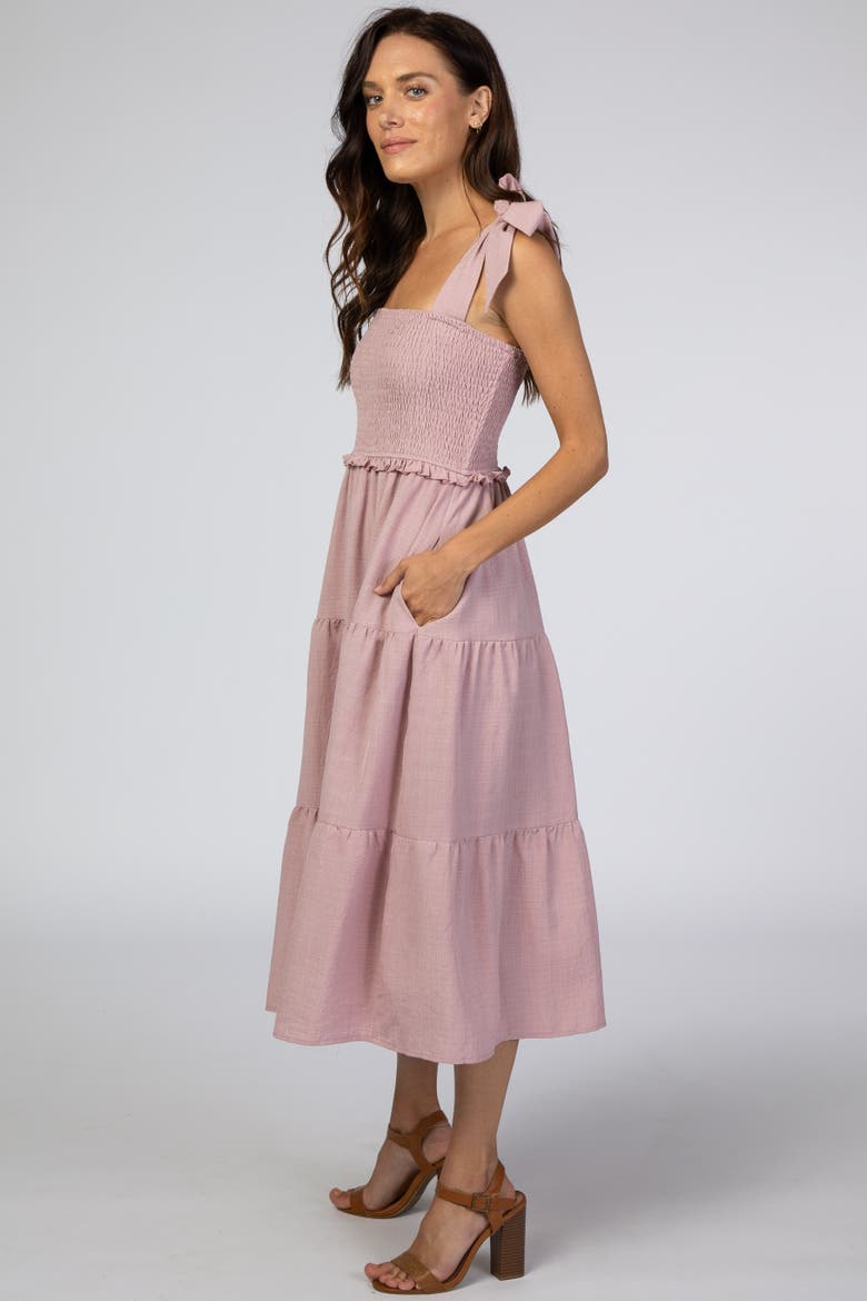 Bow Strap Tiered Midi Dress, Alternate, color, Mauve