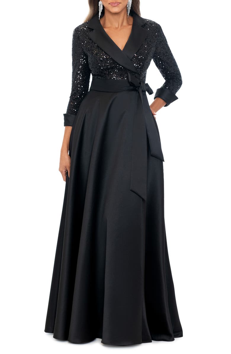 Xscape Evenings Sequin Long Sleeve Tux Ballgown, Main, color, Black