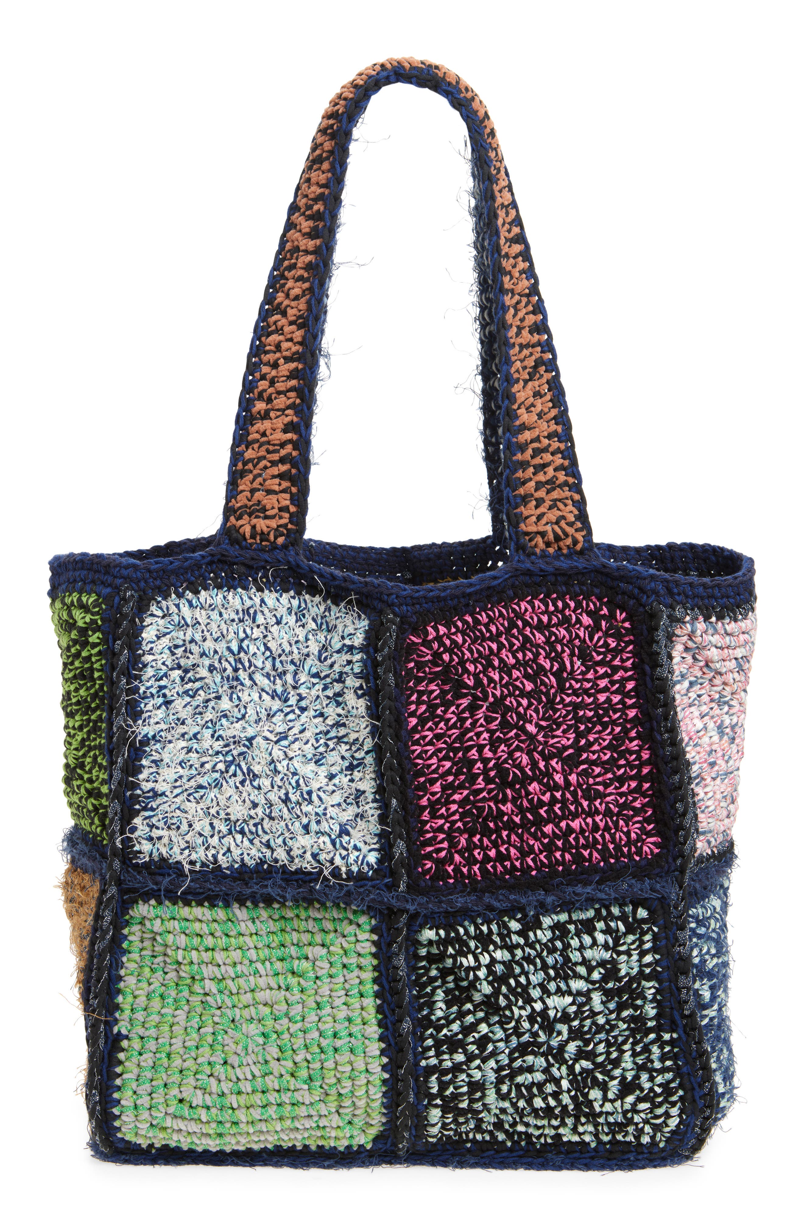 Waste Yarn Project Marie Square One of a Kind Crochet Tote in Multi Blue Color Patch 