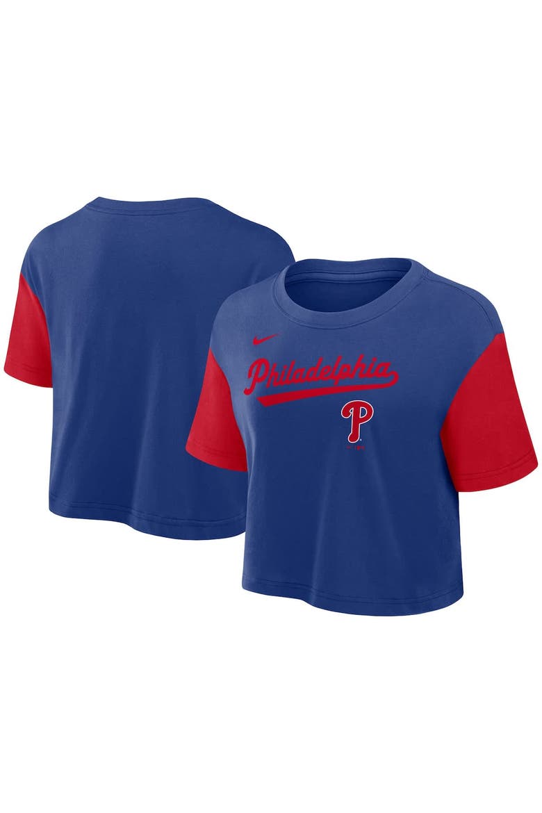 Women's Nike Royal/Red Philadelphia Phillies Script Cropped Performance T-Shirt, Alternate, color, Royal