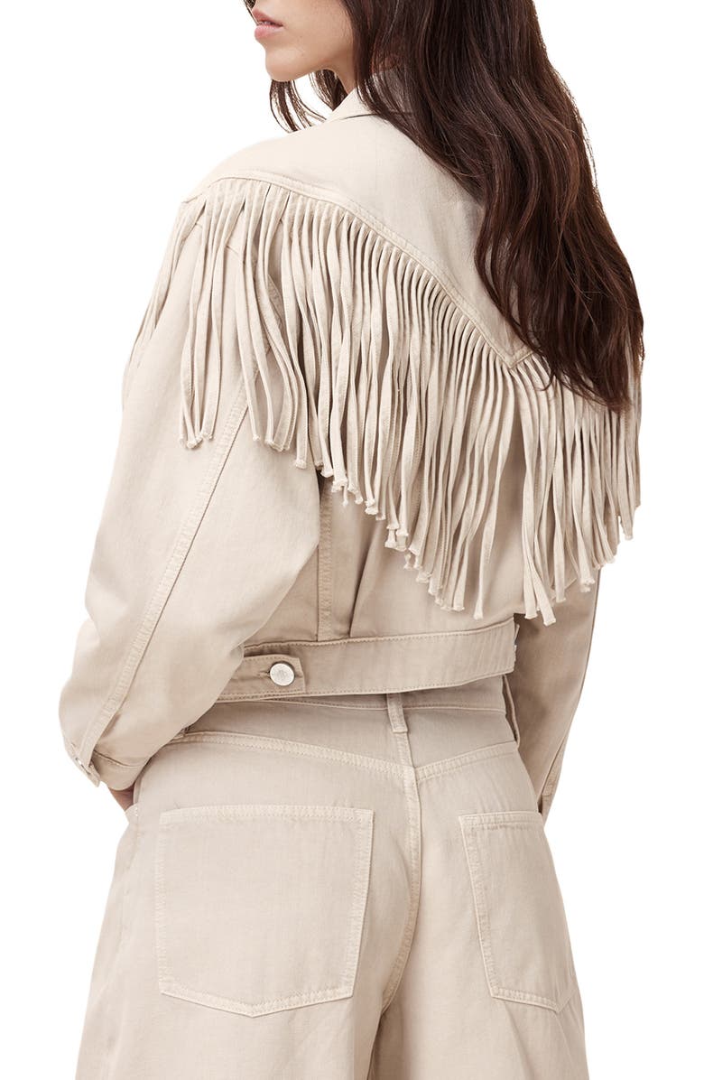 AllSaints Marlene Fringe Trim Denim Jacket, Alternate, color,